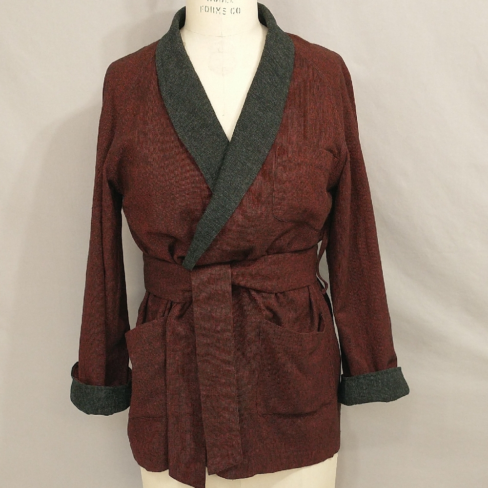 Vintage Unisex Smoking Jacket Black Red Gray Woven Wool Feel Wrap Robe Quality